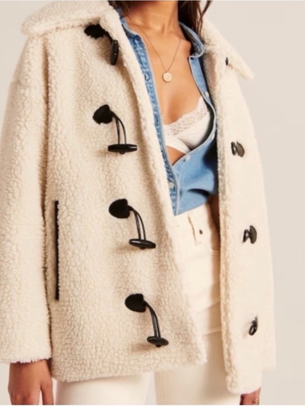 Abercrombie & Fitch Cream Teddy Sherpa Toggle Jacket